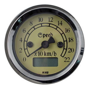 MMB Ultra Mini Classic Electronic Speedo In Chrome, Ivory Face With Chrome Trim Ring 220 Km (ARM700149)
