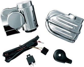 Kuryakyn Super Deluxe Wolo Bad Boy Horn Kit In Chrome Finish For Harley Davidson 1995-2020 Models With Cowbell & Waterfall Horn Cover (7743)