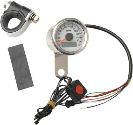 Drag Specialties 140 MPH Programmable Mini Electronic 1.87 Inch Speedometer With Odometer/Tripmeter In Polished Finish With White Face (21-6899WNU)