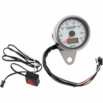 Drag Specialties 140 MPH Programmable Mini Electronic 2.4 Inch Speedometer With Odometer/Tripmeter In Polished Finish With White Face (21-6893DSWNU)