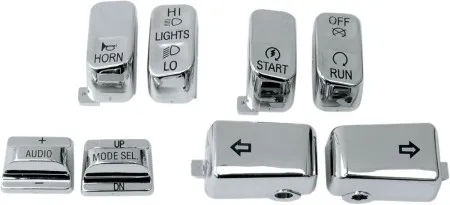 Drag Specialties Switch Cap Kit With Audio in Chrome Finish 8 Piece Radio Control Switch Cap Kit For 1996-2013 Models (Except 2011-2013 Softail, 2012-2013 Dyna Glide) (H18-033600-C)