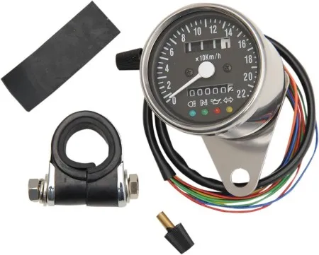 Drag Specialties 2.4 Inch Mechanical Speedometer 1:1 Km/H With LED Indicators in Chrome Black Face Finish (21-6818LEDPB)