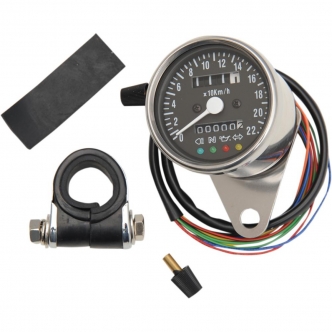 Drag Specialties 2.4 Inch Mechanical Speedometer 1:1 Km/H With LED Indicators in Chrome Black Face Finish (21-6818LEDPB)