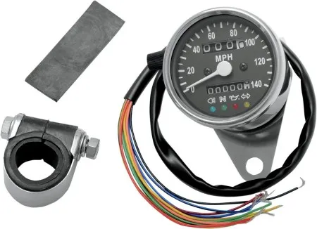 Drag Specialties 2.4 Inch Mechanical Speedometer 2:1 With LED Indicators in Chrome Black Face Finish (21-6838LEDPB)