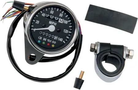 Drag Specialties 2.4 Inch Mechanical Speedometer 2240:60 With LED Indicators in Chrome Black Face Finish (21-6840LEDPB)