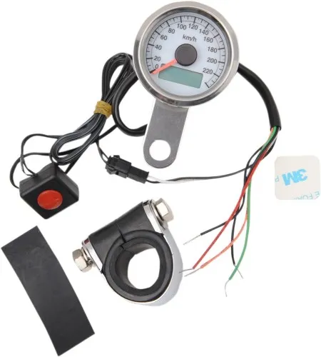 Drag Specialties 220 Km/H White Face Programmable Mini Electronic Speedometer With Odometer/Tripmeter 1.87 Inch in Polished With White Face Finish (21-6899AWDS)
