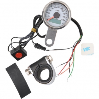 Drag Specialties 220 Km/H White Face Programmable Mini Electronic Speedometer With Odometer/Tripmeter 1.87 Inch in Polished With White Face Finish (21-6899AWDS)
