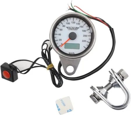 Drag Specialties 220 Km/H White Face Programmable Mini Electronic Speedometer With Odometer/Tripmeter 2.37 Inch in Polished Finish (21-6895AWDS)