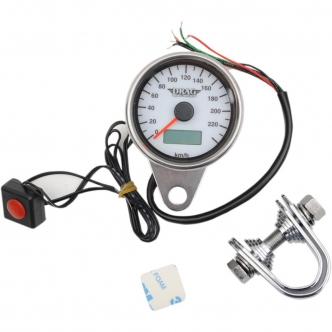Drag Specialties 220 Km/H White Face Programmable Mini Electronic Speedometer With Odometer/Tripmeter 2.37 Inch in Polished Finish (21-6895AWDS)