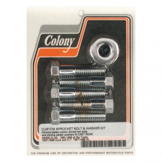 Colony Sprocket Bolt Kit Domed Hex in Chrome Finish For 1993-1996 B.T., 1997-1998 FLT, 1991-1999 XL (Cast Wheel) And 1993-1999 Softail, 1993-1999 Dyna, 1999-2008 FLT, 2000-2017 XL (Wire or Cast Wheel) Models (ARM459989)
