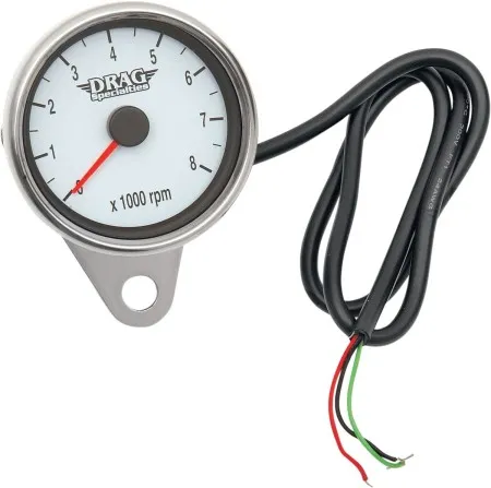Drag Specialties 2.4 Inch Tachometer 8000 RPM LEd Chrome, White Face, Red Needle in Polished Finish For 1999-2003 Twin Cam, 1986-2003 XL Models (21-6894DSW)