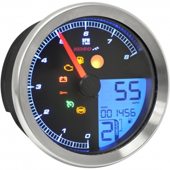 Koso North America Chrome Bezel HD-04 Multimeter For 2011-2020 Softail, 2012-2020 Dyna Glide & 2014-2020 XL Models That Use 3 & 3/8” Stock Gauge Mounting Cup (BA051220)