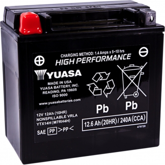Yuasa Factory-Activated High-Performance AGM Maintenance-Free 12V 150mm x 87mm x 145mm Lead Acid Battery in Black Finish For 2002-2007 VRSC V-Rod, 2004-2008 XB12R Firebolt, XB12S Lightning, 2006-2009 XB12X Ulysses Models (YUAM7RH4H)