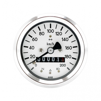 MMB 60mm Basic Speedometer in Chrome Finish, White Face Plate, 200 km/h, M18 Thread For All BMW 2-Valve Models (ARM118175)