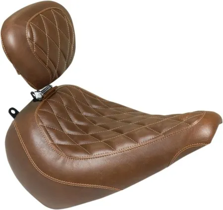 Mustang Wide Tripper Diamond Solo Seat With Backrest in Brown For 2018-2025 Softail Fat Boy Models (83022)