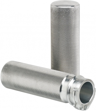 Joker Machine Knurled Hand Grips In Silver Finish For 1974-2023 Harley Davidson Motorcycles with Single Or Dual Throttle Cables (03-93-4)