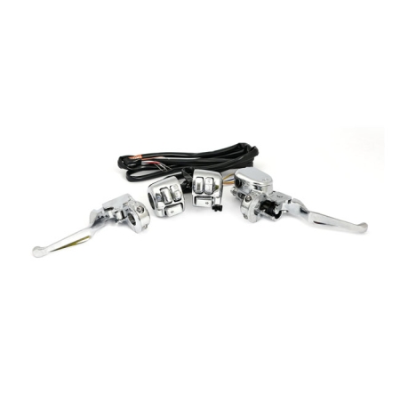 thumbnail interactive-video image 1 of Chrome 1" Handlebar Control Switch Kit + Wiring Harness For Harley Sportster Dyna - Left & Right Controls (EYNDA) 1 of 2