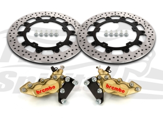 Free Spirits Bolt-In Kit With 4 Piston Gold Calipers & Black Rotors 320mm For Harley Davidson 2014-2021 Touring Models (203911GK)