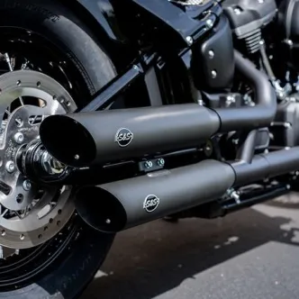 S&S Cycles Slash Cut Slip On Mufflers In Black For Harley Davidson 2018-2024 M8 Softail Models (550-0752B)