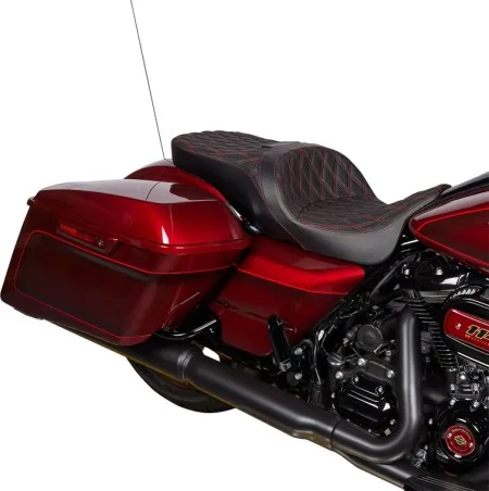 Drag Specialties Freedom Touring Double Diamond Red Stitched Seat For Harley Davidson 2009-2024 Touring Models (0801-1484)