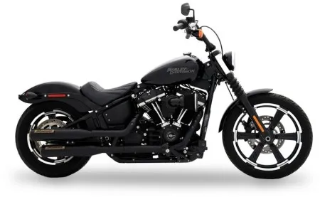 Rinehart 3.5 Inch HP35 Slip-On Mufflers In Black With Bronze End Caps & Badges For Harley Davidson 2018-2024 M8 Softail Fat Boy, Slim, Street Bob, Breakout, Standard & Low Rider Models (500-1241)