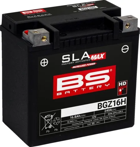 BS Battery BGZ16H Max AGM Battery 240 CCA For 2002-2007 V-Rod 1130cc & 1994-2010 Buell S1/XB/Blast (300931)