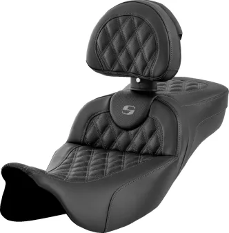 Saddlemen Extended Reach Roadsofa Seat With Drivers Backrest With Grey Stitching For Harley Davidson 2008-2024 FLHR, FLHT, FLHX & FLTR Touring Models (A808-07R-184GRE)