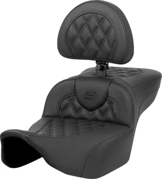 Saddlemen Roadsofa Extended Reach Lattice Stitched Seat With Drivers Backrest In Black For Harley Davidson 2023-2024 FLHX Street Glide & FLTR Road Glide Models (823-07-184BR)