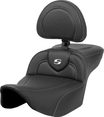 Saddlemen Roadsofa Extended Reach Carbon Fiber Seat With Drivers Backrest In Black For Harley Davidson 2023-2024 FLHX Street Glide & FLTR Road Glide Models (823-07-186BR)