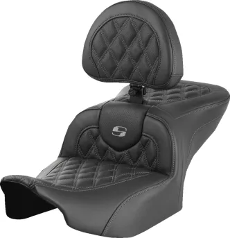 Saddlemen Roadsofa Grey Lattice Stitched Seat With Drivers Backrest For Harley Davidson 2023-2024 FLHX Street Glide & FLTR Road Glide Models (823-07-182B2)