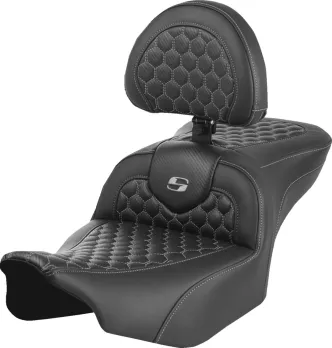 Saddlemen Honeycomb Roadsofa With Drivers Backrest With Grey Stitching For Harley Davidson 2023-2024 FLHX Street Glide & FLTR Road Glide Models (823-07-189B2)