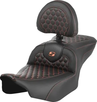 Saddlemen Honeycomb Roadsofa With Drivers Backrest With Orange Stitching For Harley Davidson 2023-2024 FLHX Street Glide & FLTR Road Glide Models (823-07-189B3)