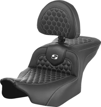 Saddlemen Honeycomb Roadsofa With Drivers Backrest With White Stitching For Harley Davidson 2023-2024 FLHX Street Glide & FLTR Road Glide Models (823-07-189B6)