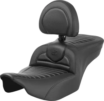 Saddlemen Roadsofa Carbon Fiber Tuck & Roll Seat With Drivers Backrest For Harley Davidson 2023-2024 FLHX Street Glide & FLTR Road Glide Models (823-07-204B0)