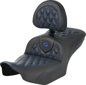Saddlemen Roadsofa Blue Lattice Stitched Seat With Drivers Backrest For Harley Davidson 2023-2024 FLHX Street Glide & FLTR Road Glide Models (823-07-206B1)