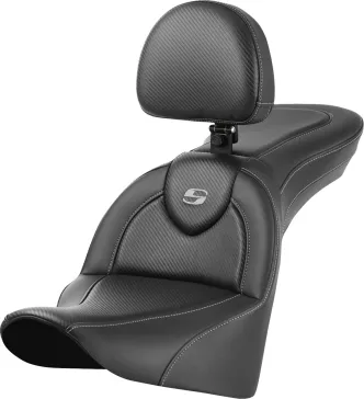 Saddlemen Standard Reach Roadsofa Carbon Fiber Seat With Drivers Backrest For Harley Davidson 2018-2024 Softail Deluxe FLDE, Heritage FLHC/S & FLSL Slim Models (818-33-185BR)
