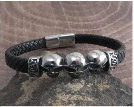 Amigaz Skull Head Leather Braid Bracelet (SB556-3SKL)