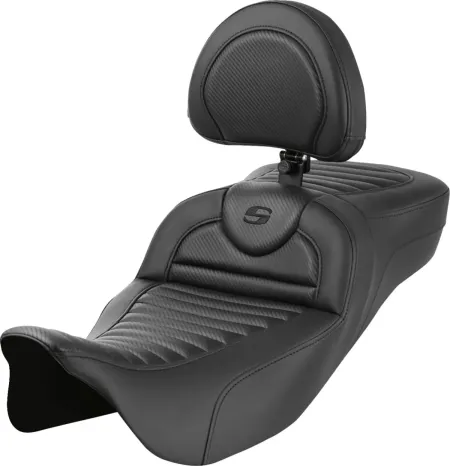 Saddlemen Extended Reach Tuck 'N Roll Carbon Fiber Roadsofa Seat With Drivers Backrest For Harley Davidson 2008-2024 FLHR, FLHT, FLHX & FLTR Touring Models (808-07B-205B0)