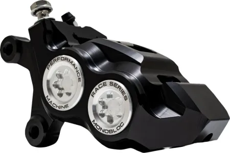 Performance Machine Front Left Race Series 4-Piston Monobloc Caliper In Black Anodised With Raw Machined Finish For Harley Davidson 2008-2024 Models (0053-2957-MC)