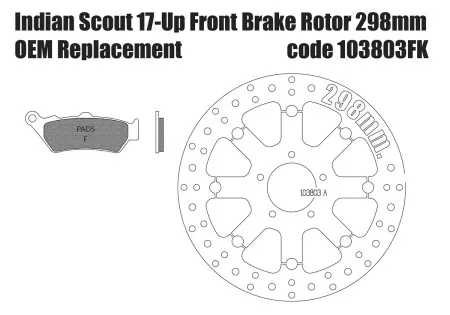 Free Spirits OEM Replacement Front Brake Rotor In Black 298mm & Pads For Indian 2017-Up Scout Models (103803FK)