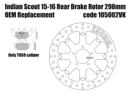 Free Spirits OEM Replacement Rear Brake Rotor 298mm In Black & Pads For Indian 2015-2016 Scout Models (105002VK)