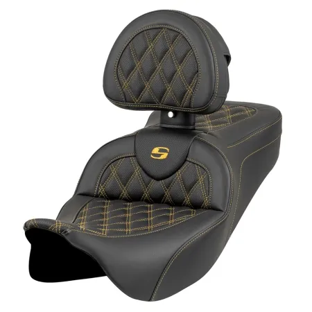 Saddlemen Lattice Stitched Roadsofa Seat With Drivers Backrest With Gold Stitch For Harley Davidson 2008-2024 Touring FLHR, FLHT, FLHX & FLTR Touring Models (Does Not Fit 2023-2025 CVO Models) (808-07B-182B7)