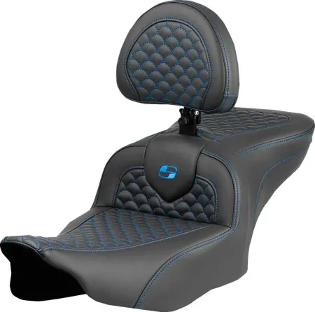 Saddlemen Dragon Scale Stitched Roadsofa Seat With Drivers Backrest With Blue Stitching For Harley Davidson 2023-2025 FLHX Street Glide & FLTR Road Glide Models (823-07-208B1)