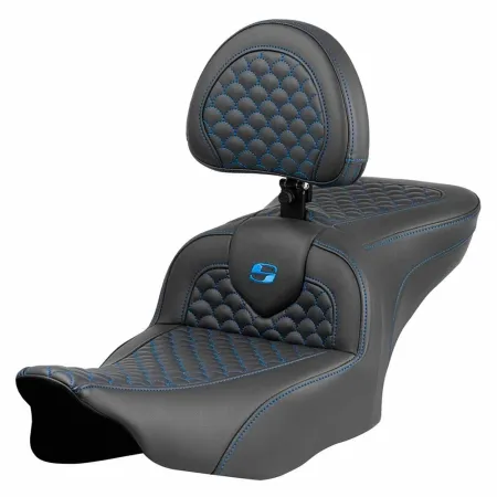 Saddlemen Dragon Scale Stitched Roadsofa Seat With Drivers Backrest With Blue Stitching For Harley Davidson 2023-2025 Touring FLHX Street Glide & FLTR Road Glide Models (823-07-208B1)