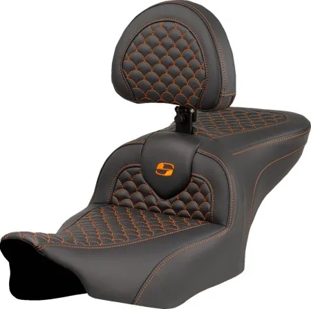 Saddlemen Dragon Scale Stitched Roadsofa Seat With Drivers Backrest With Orange Stitching For Harley Davidson 2023-2025 FLHX Street Glide & FLTR Road Glide Models (823-07-208B3)
