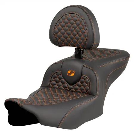 Saddlemen Dragon Scale Stitched Roadsofa Seat With Drivers Backrest With Orange Stitching For Harley Davidson 2023-2025 Touring FLHX Street Glide & FLTR Road Glide Models (823-07-208B3)