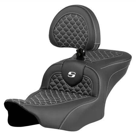 Saddlemen Dragon Scale Stitched Roadsofa Seat With Drivers Backrest With White Stitching For Harley Davidson 2023-2025 Touring FLHX Street Glide & FLTR Road Glide Models (823-07-208B6)
