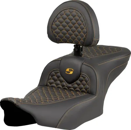 Saddlemen Dragon Scale Stitched Roadsofa Seat With Drivers Backrest With Gold Stitching For Harley Davidson 2023-2025 FLHX Street Glide & FLTR Road Glide Models (823-07-208B7)