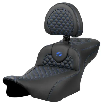 Saddlemen Extended Reach Dragon Scale Stitched Roadsofa Seat With Drivers Backrest With Blue Stitching For Harley Davidson 2023-2025 Touring FLHX Street Glide & FLTR Road Glide Models (823-07-209B1)