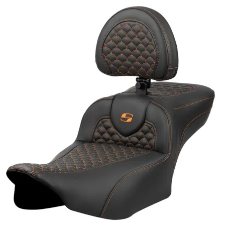 Saddlemen Extended Reach Dragon Scale Stitched Roadsofa Seat With Drivers Backrest With Orange Stitching For Harley Davidson 2023-2025 Touring FLHX Street Glide & FLTR Road Glide Models (823-07-209B3)